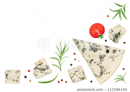 Blue cheese slices with rosemary isolated on white background . Top view with copy space for your text . Flat lay. 112586149