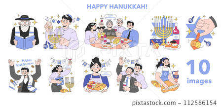 Hanukkah celebrating set. Big family gathering on religious holiday. Judaism traditional dining, grandparents, woman, man and child at the table having a festive meal. Flat vector illustration 112586154