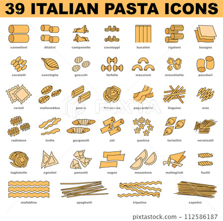 Italian pasta icons set. Simple traditional food of different shapes and names. Semi-processed noodles collection. Flat vector illustration Italian pasta icons set. Simple traditional food of different shapes and names. Semi-processed noodles collection. Flat vector illustration 112586187