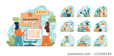 Expert concept set. Professional business adviser provides solutions for business. Expertise and corporate consultancy. Idea of strategy management and troubleshooting. Flat vector illustration Expert concept set. Professional business adviser provides solutions for business. Expertise and corporate consultancy. Idea of strategy management and troubleshooting. Flat vector illustration 112586189