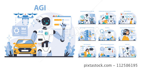 AGI set. Futuristic AI integration in daily life, healthcare, and education. Robotic advancements transforming human interaction and abilities. Flat vector illustration. AGI set. Futuristic AI integration in daily life, healthcare, and education. Robotic advancements transforming human interaction and abilities. Flat vector illustration. 112586195