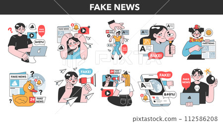Fake news set. Manipulation and control over people mind. Media influencing and manipulating character. Propaganda, hoaxes and internet fakes. Flat vector illustration Fake news set. Manipulation and control over people mind. Media influencing and manipulating character. Propaganda, hoaxes and internet fakes. Flat vector illustration 112586208