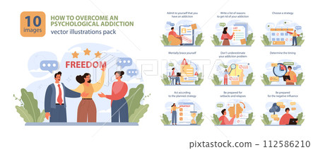How to overcome or get rid of bad habit or addiction set. Toxic and dangerous dependence quit. Rehabilitation or therapy process and treatment strategy. Flat vector illustration How to overcome or get rid of bad habit or addiction set. Toxic and dangerous dependence quit. Rehabilitation or therapy process and treatment strategy. Flat vector illustration 112586210