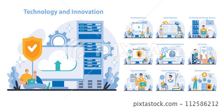 Technology and Innovation set. Digital era services and computing advances. Cloud storage, cybersecurity, AI, IoT, and blockchain integration. Expanding virtual learning and legal platforms. 112586212