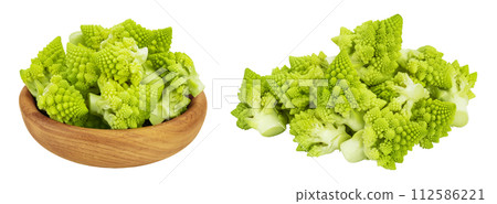Romanesco broccoli cabbage or Roman Cauliflower isolated on white background with full depth of field 112586221