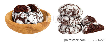 Chocolate brownie cookie in a wooden bowl isolated on white background with full depth of field Chocolate brownie cookie in a wooden bowl isolated on white background with full depth of field 112586225