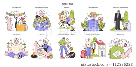 Senior life milestones set. Getting old and maturing, retirement and spending time with family. Aged people experience. Flat vector illustration. 112586228