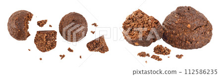 chocolate cookie with kerob, banana, cashew, sunflower seeds isolated on white background. Healthy food, gluten-free, flour-free. Top view. Flat lay. 112586235