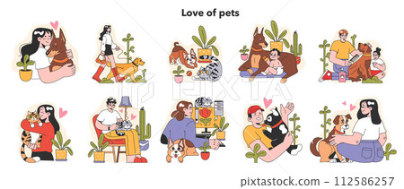 Happy pet owners set. Woman and man spending time with their cat and dog. Happy domestic animals and characters spend time together. Friendship between animal and human. Flat vector illustration 112586257