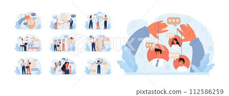 Manipulation set. Psychological control method. Domination exploitation, emotional abuse and control. Toxic relationship, propaganda, internet addiction idea. Flat vector illustration Manipulation set. Psychological control method. Domination exploitation, emotional abuse and control. Toxic relationship, propaganda, internet addiction idea. Flat vector illustration 112586259