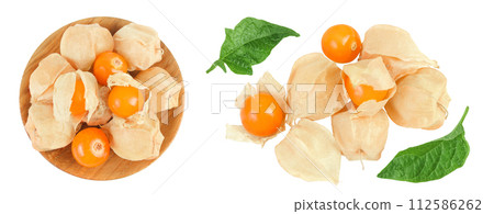Cape gooseberry or physalis in wooden bowl isolated on white background wit full depth of field. Top view. Flat lay Cape gooseberry or physalis in wooden bowl isolated on white background wit full depth of field. Top view. Flat lay 112586262
