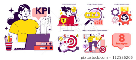 Key performance indicators implementation benefits set. KPI is an indicator to measure employee efficiency. Testing form to report worker performance. Staff management. Flat vector illustration Key performance indicators implementation benefits set. KPI is an indicator to measure employee efficiency. Testing form to report worker performance. Staff management. Flat vector illustration 112586266