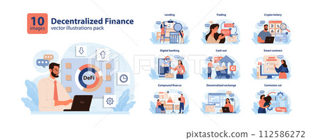 DeFi, decentralized finance set. Smart distributed ledger technologies for lending, investing, or exchanging cryptoassets without traditional centralized intermediary. Flat vector illustration DeFi, decentralized finance set. Smart distributed ledger technologies for lending, investing, or exchanging cryptoassets without traditional centralized intermediary. Flat vector illustration 112586272