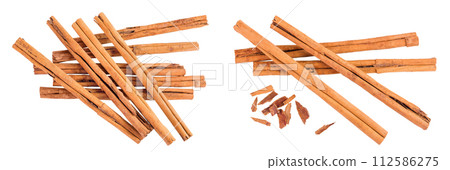 Cinnamon sticks isolated on white background with full depth of field. Top view. Flat lay. Cinnamon sticks isolated on white background with full depth of field. Top view. Flat lay. 112586275