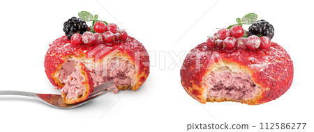 Cake shu eclairs with berries and red crumble isolated on white background Cake shu eclairs with berries and red crumble isolated on white background 112586277