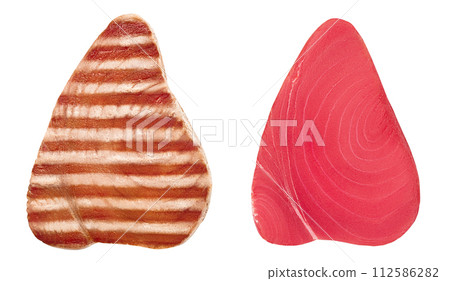 Tuna fish steak fresh and grilled isolated on white background. Top view. Flat lay 112586282