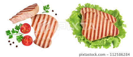 Tuna fish steak grilled isolated on white background with full depth of field, Top view. Flat lay 112586284