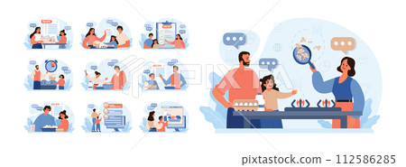 Parents teaching their child how to cook set. Family making food in the kitchen together. Kid, mother and father following recipe. Parenting and family bonding. Flat vector illustration Parents teaching their child how to cook set. Family making food in the kitchen together. Kid, mother and father following recipe. Parenting and family bonding. Flat vector illustration 112586285
