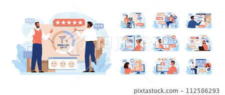 Customer feedback set. Consumer reviews public exchange. Sharing a purchased goods and services assessment in mobile app or social media blog, leaving anonymous feedback. Flat vector illustration 112586293