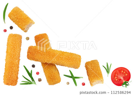 Fish finger or stick with parsley isolated on white background. Top view. Flat lay. Fish finger or stick with parsley isolated on white background. Top view. Flat lay. 112586294