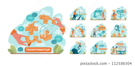 Transformation concept set. Development, changing and evolution towards the goal or destination. Modification process with time. Flat vector illustration 112586304