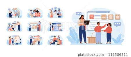 School preparation set. School kids with parents prepare for studying. Characters buying new clothes, textbooks and stationery. Elementary education, back to school idea. Flat vector illustration 112586311
