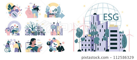 ESG set. Environmental social governance, sustainable global system. Environmental protection and social responsibility. Climate preservation, society and economy development. Flat vector illustration 112586329