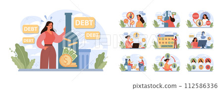 Female alcoholism set. Woman suffering from hard drinking, alcohol addiction. Drunk woman with a bottle of booze. Dangerous habit, unhealthy lifestyle awareness. Flat vector illustration 112586336
