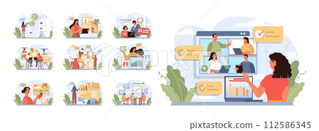 Employee performance management set. Performance indicators and reports. Business efficiency and company management. KPI analytics. Flat vector illustration 112586345
