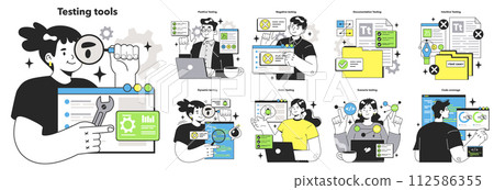 Software testing tools set. Code testing and debugging. IT specialist searching for bugs using functional methods. Website and application development. Flat vector illustration Software testing tools set. Code testing and debugging. IT specialist searching for bugs using functional methods. Website and application development. Flat vector illustration 112586355