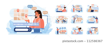 Voice search set. Artificial intelligence virtual assistant. Character speaking on microphone with browser request. Voice activated identification for digital security. Flat vector illustration 112586367