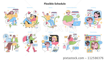 Flexible Schedule set. Professionals enjoying varied work routines. Remote work, compressed workweek, job sharing, freelancing. Telecommuting and core hours. Flat vector illustration 112586376