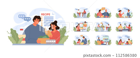 People cooking and eating healthy food set. Family following diet recipes with fresh ingredients, vegetables and fruits. Homemade organic nutritions full of vitamins. Flat vector illustration People cooking and eating healthy food set. Family following diet recipes with fresh ingredients, vegetables and fruits. Homemade organic nutritions full of vitamins. Flat vector illustration 112586380