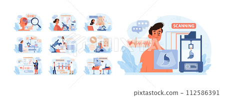 Healthtech set. Innovative diagnosis and treatment methodics. Telemedicine, health monitoring, laboratory research. Modern technologies for disease prevention and treatment. Flat vector illustration Healthtech set. Innovative diagnosis and treatment methodics. Telemedicine, health monitoring, laboratory research. Modern technologies for disease prevention and treatment. Flat vector illustration 112586391