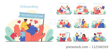 Onboarding set. Welcoming new hires with comprehensive steps. From orientation to becoming a team member. Flat vector illustration. Onboarding set. Welcoming new hires with comprehensive steps. From orientation to becoming a team member. Flat vector illustration. 112586393