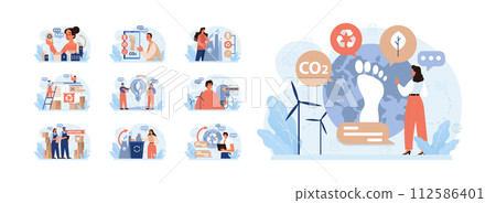 Sustainability set. Environmental protection, climate and nature preservation. Social responsibility, conscious consumption and carbon footprint reduction. Circular economy. Flat vector illustration 112586401