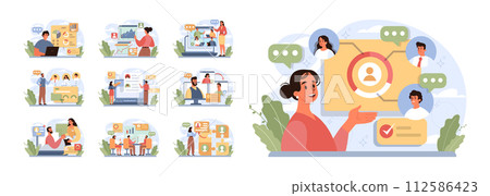 Tasking set. Setting and following schedule. Time optimization of office character. Checklist making. Successful business project management, planning and implementation. Flat vector illustration Tasking set. Setting and following schedule. Time optimization of office character. Checklist making. Successful business project management, planning and implementation. Flat vector illustration 112586423