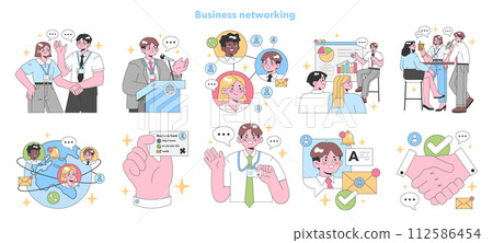 Business networking set. Professionals connect and share insights. Meeting at conferences, global outreach, and effective communication. Building trust, exchanging cards, digital contact. Business networking set. Professionals connect and share insights. Meeting at conferences, global outreach, and effective communication. Building trust, exchanging cards, digital contact. 112586454