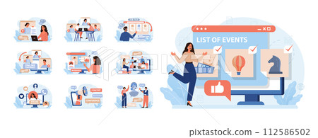Virtual events set. Online education, conference, exhibition, friends meeting, business video call. Communication through the Internet. Flat vector illustration 112586502