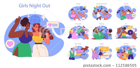 Girls Night Out set. Female friends going out together to celebrate with selfies, cocktails, and karaoke. Bachelorette, night club party with DJ. Flat vector illustration Girls Night Out set. Female friends going out together to celebrate with selfies, cocktails, and karaoke. Bachelorette, night club party with DJ. Flat vector illustration 112586505