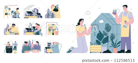 Urban farming or gardening. City agriculture. Characters planting and watering the sprout on the roof or balcony. Natural organic food growing. Flat vector illustration 112586513