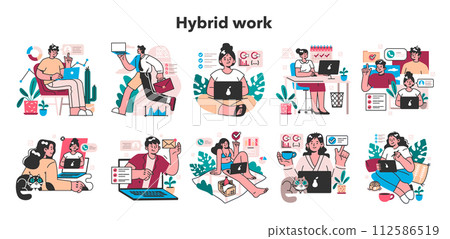 Hybrid work set. Characters with a flexible schedule, working from office and home. Telework and outsource, employee work globaly. Digital nomad or freelancer idea. Flat vector illustration Hybrid work set. Characters with a flexible schedule, working from office and home. Telework and outsource, employee work globaly. Digital nomad or freelancer idea. Flat vector illustration 112586519