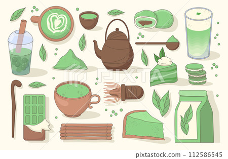 Matcha food set. Delicious sweets and drinks with green tea powder ingredient. Matcha latte, bubble tea and capuchino beverages. Chocolate, cheesecake and mochi dessert. Flat vector illustration 112586545