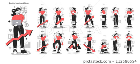Cycle of investor emotions set. Emotions and feelings of female character throughout the cycle in share market. Emotional roller coaster of investing. Flat vector illustration 112586554