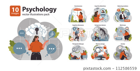 Psychology set. Mental and psychological phenomenon or conditions. Cognitive conflict and pattern. Internal personality filters or biases. Flat vector illustration Psychology set. Mental and psychological phenomenon or conditions. Cognitive conflict and pattern. Internal personality filters or biases. Flat vector illustration 112586559