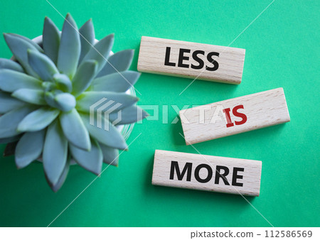 Less is More symbol. Concept words Less is More on wooden blocks. Beautiful green background with succulent plant. Business and Less is More concept. Copy space. Less is More symbol. Concept words Less is More on wooden blocks. Beautiful green background with succulent plant. Business and Less is More concept. Copy space. 112586569
