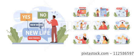 Neophobia, fear of anything new set. Fixed mindset, negative emotion about changes and refuse to learn new things. Frustration and suppression. Flat vector illustration 112586597