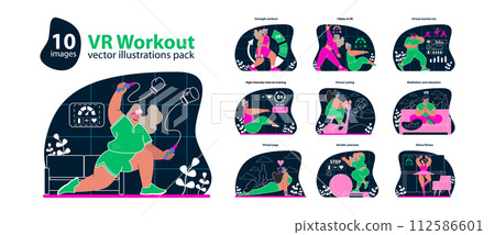 VR Workout set. Interactive and immersive fitness routines. Engaging virtual reality exercises across diverse activities. Dynamic home training experience. Flat vector illustration. 112586601