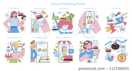 Fintech Trends set. Showcases modern financial services. Mobile banking, contactless payments, and investment apps. E-commerce and crowdfunding. Flat vector illustration. 112586603