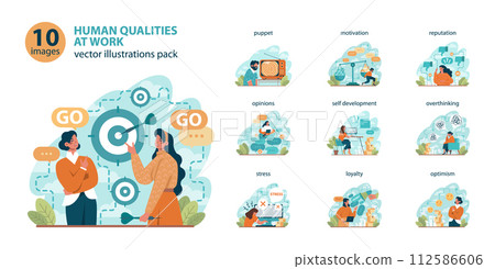 Office worker set. Business character or employee daily attitude. Human qualities at workplace idea. Career deveopment and responsibility. Corporate relations and leadership. 112586606